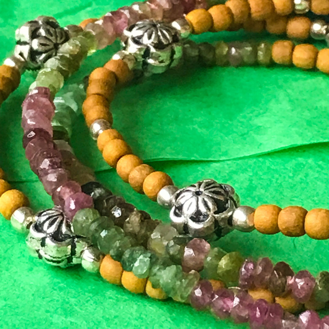 Watermelon Tourmaline, Sandalwood &amp; Tulasi RadhaKrishna Wrap Bracelet IndiOdyssey