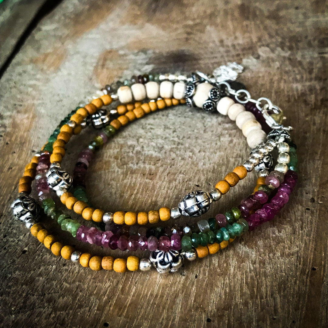 Watermelon Tourmaline, Sandalwood &amp; Tulasi RadhaKrishna Wrap Bracelet IndiOdyssey