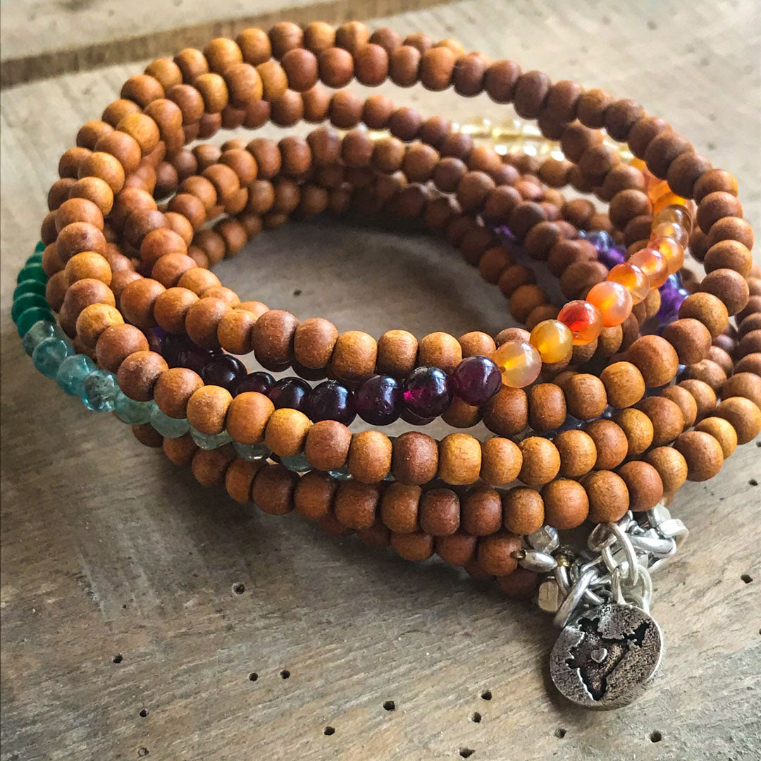 7 Chakra Gemstone Sandalwood Silver Wrap bracelet authentic IndiOdyssey