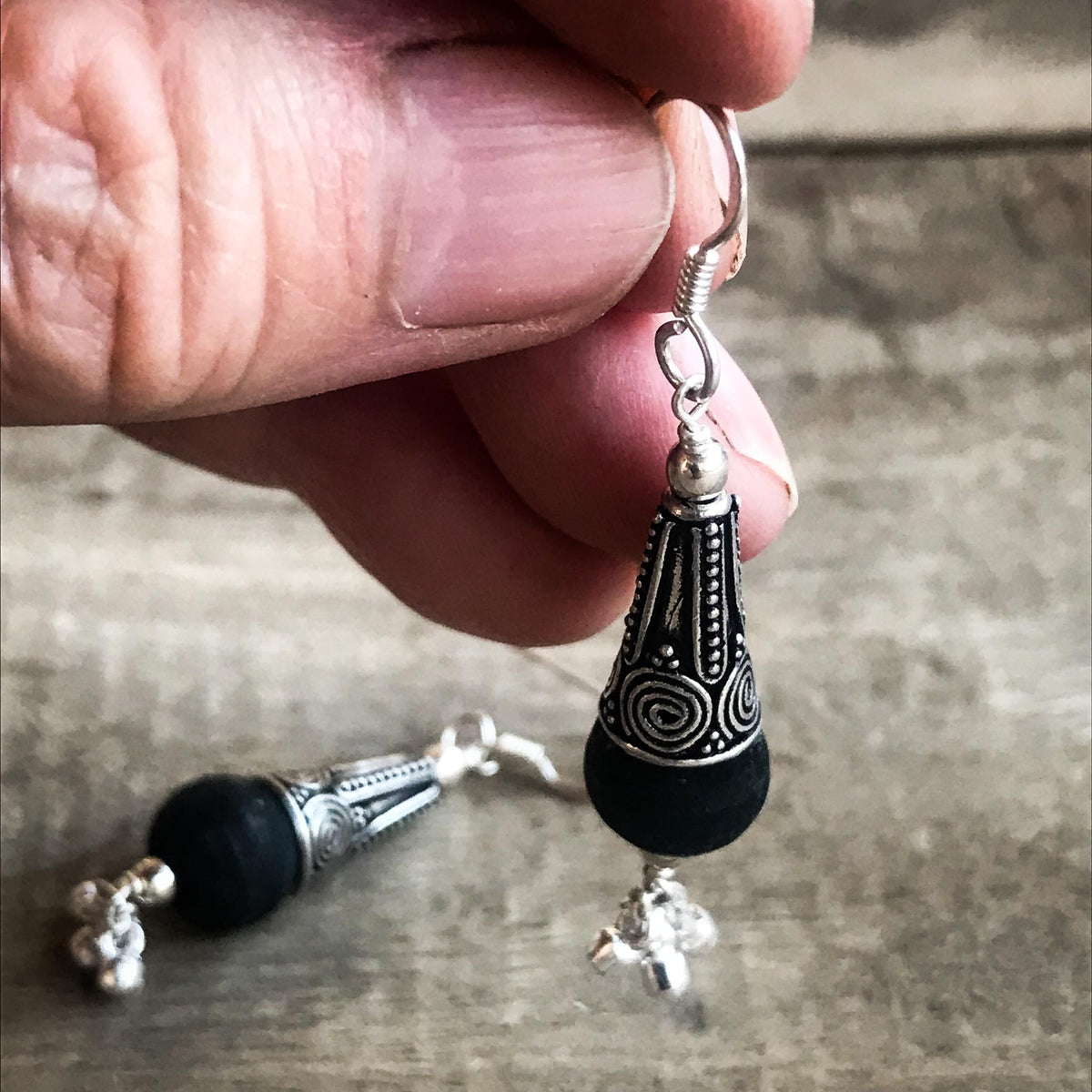 Sterling Silver Black Tulsi Dangle Earrings