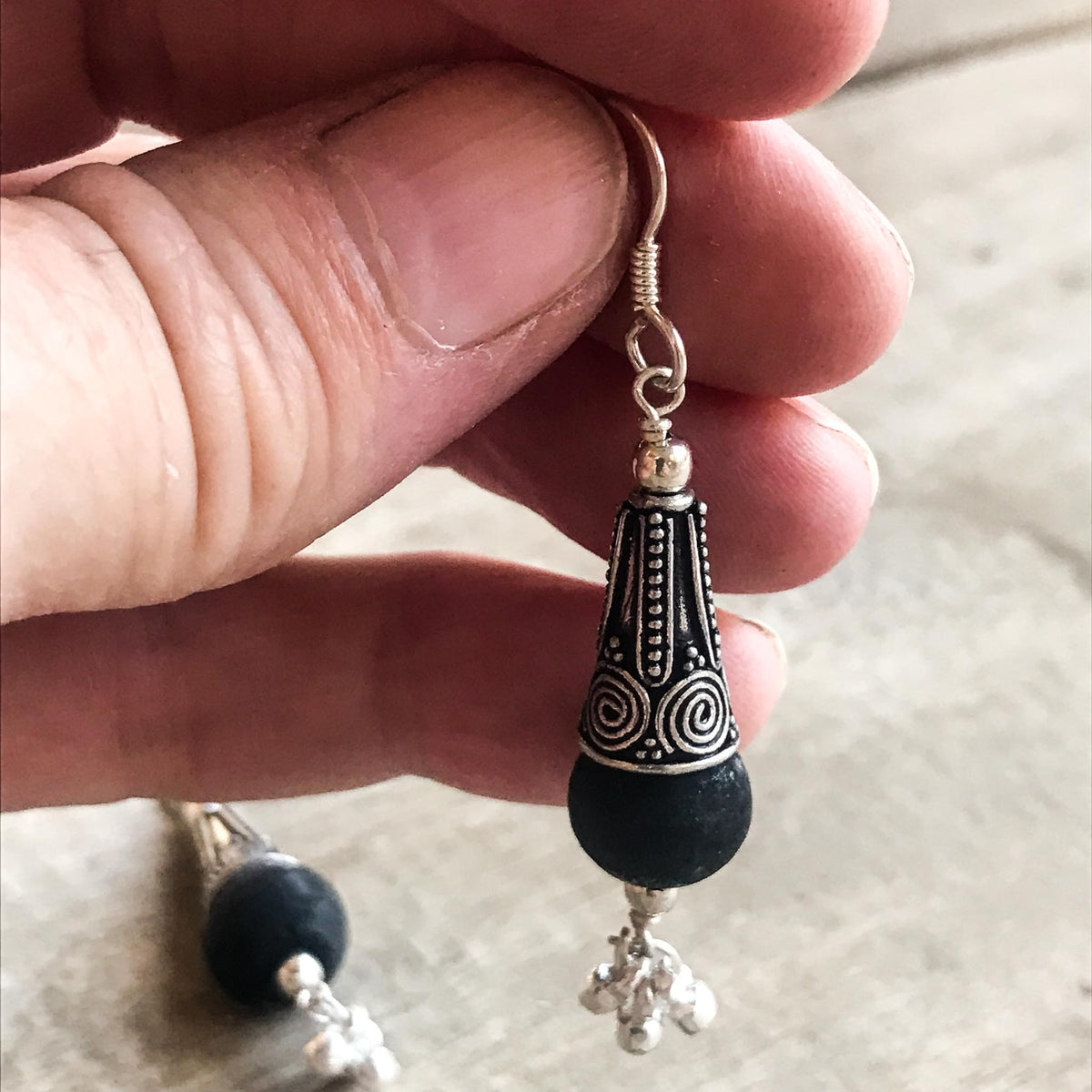 Sterling Silver Black Tulsi Dangle Earrings