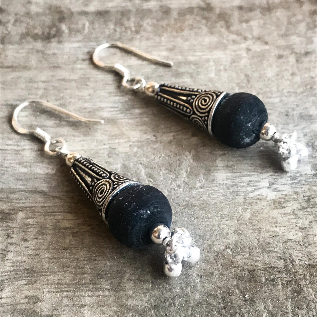 Sterling Silver Black Tulsi Dangle Earrings