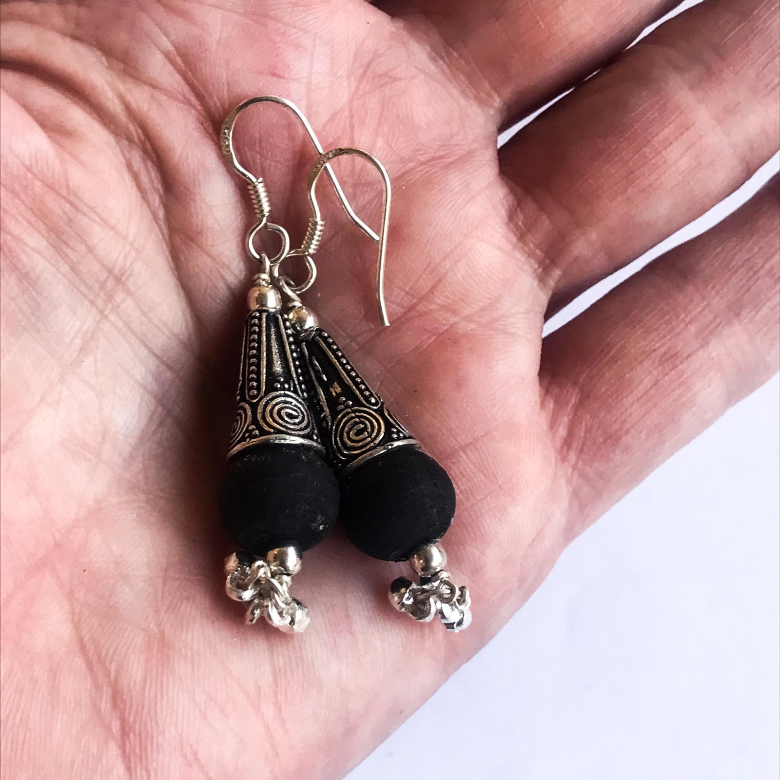 Sterling Silver Black Tulsi Dangle Earrings