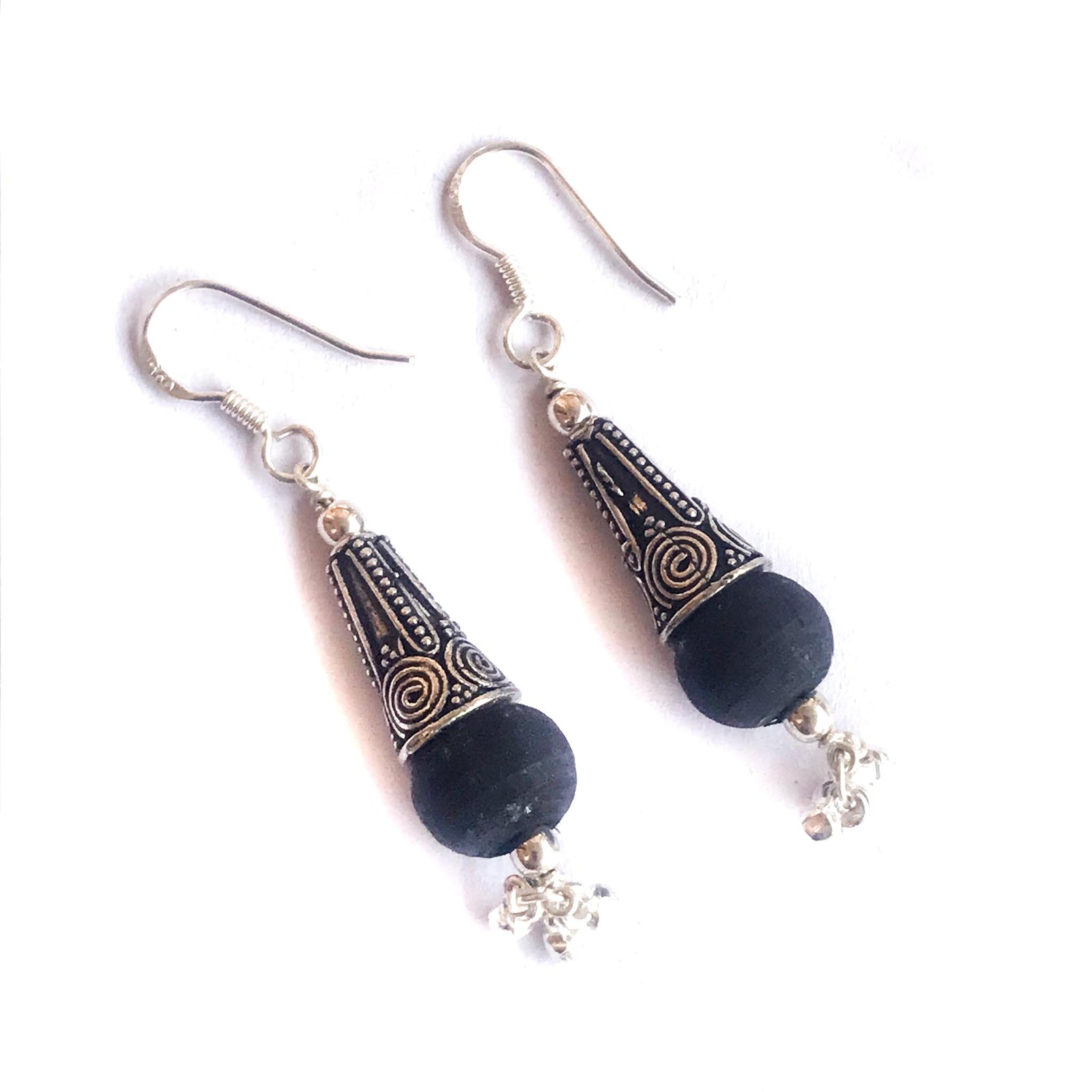 Sterling Silver Black Tulsi Dangle Earrings