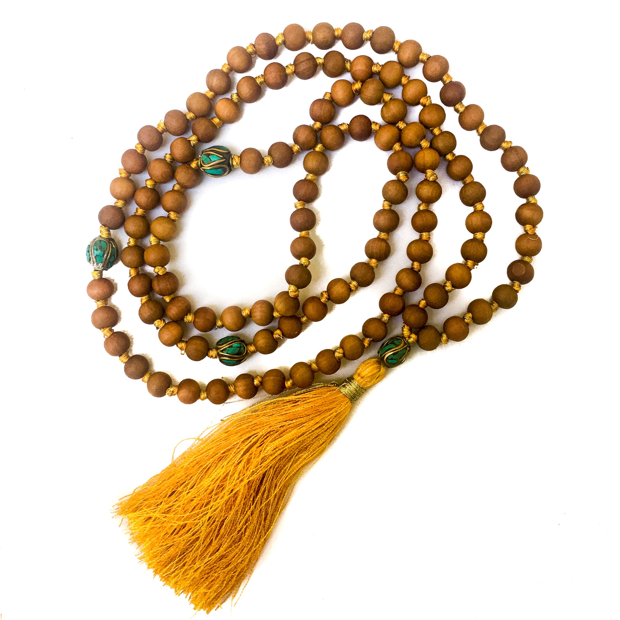 Hand-knotted with silk & gold metal threads, 8mm Sandalwood beads
