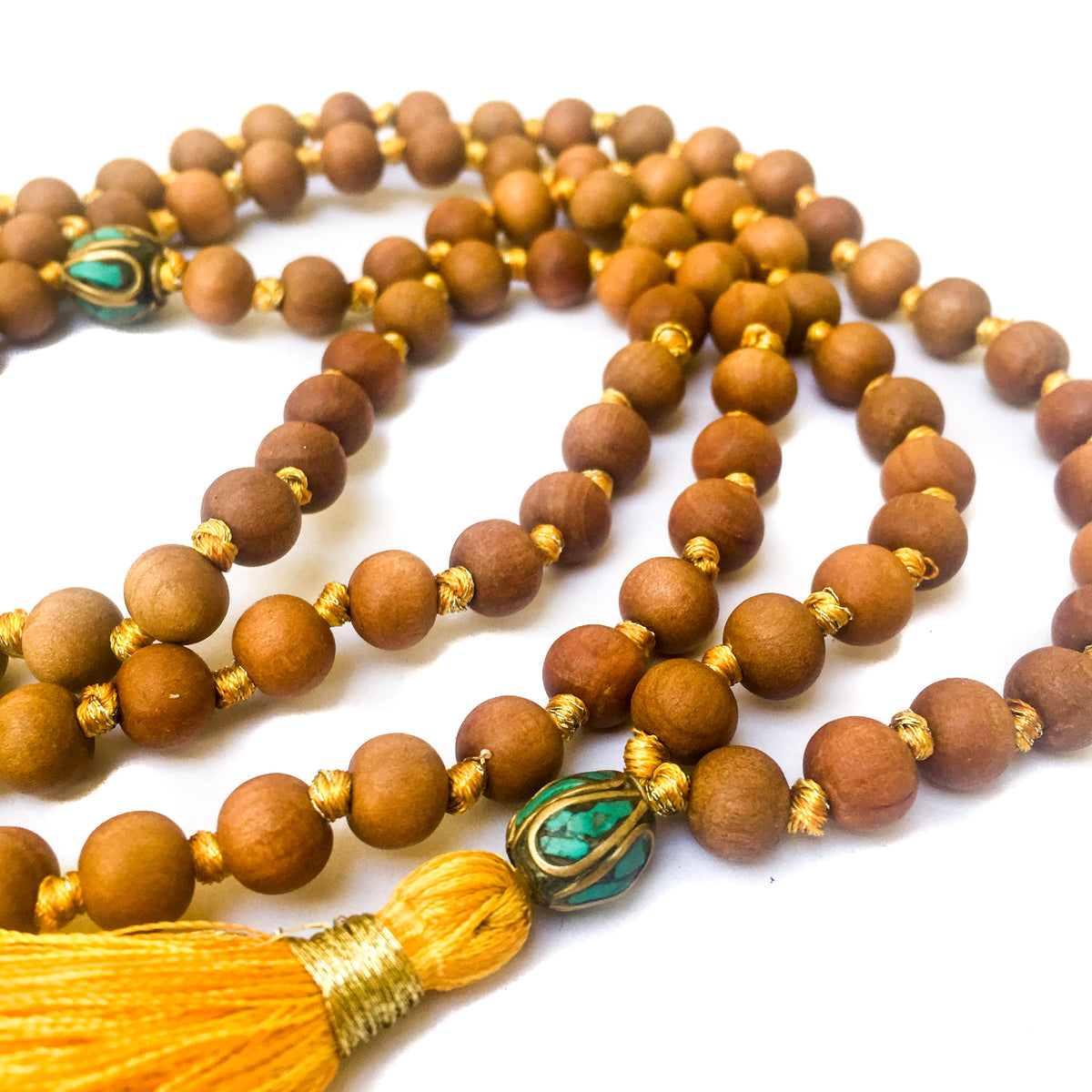 Hand-knotted with silk &amp; gold metal threads, 8mm Sandalwood beads