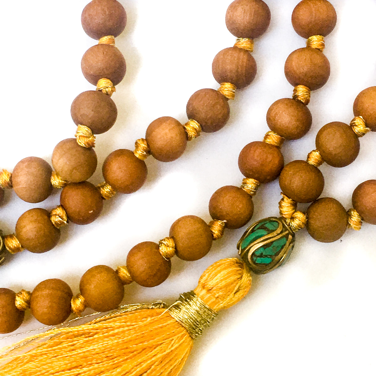 Hand-knotted with silk &amp; gold metal threads, 8mm Sandalwood beads