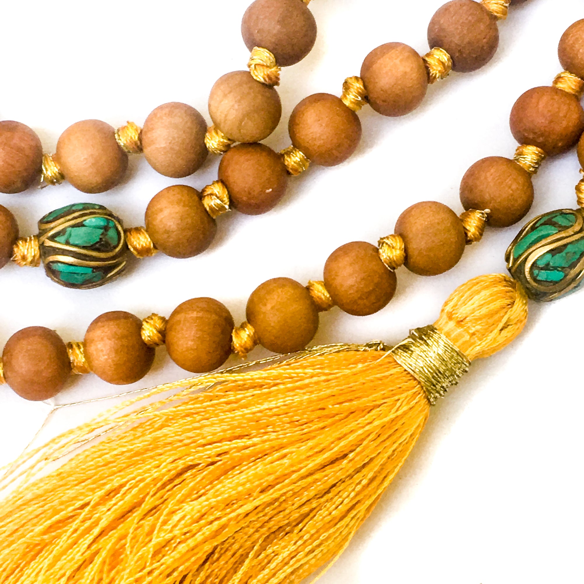 Hand-knotted with silk & gold metal threads, 8mm Sandalwood beads