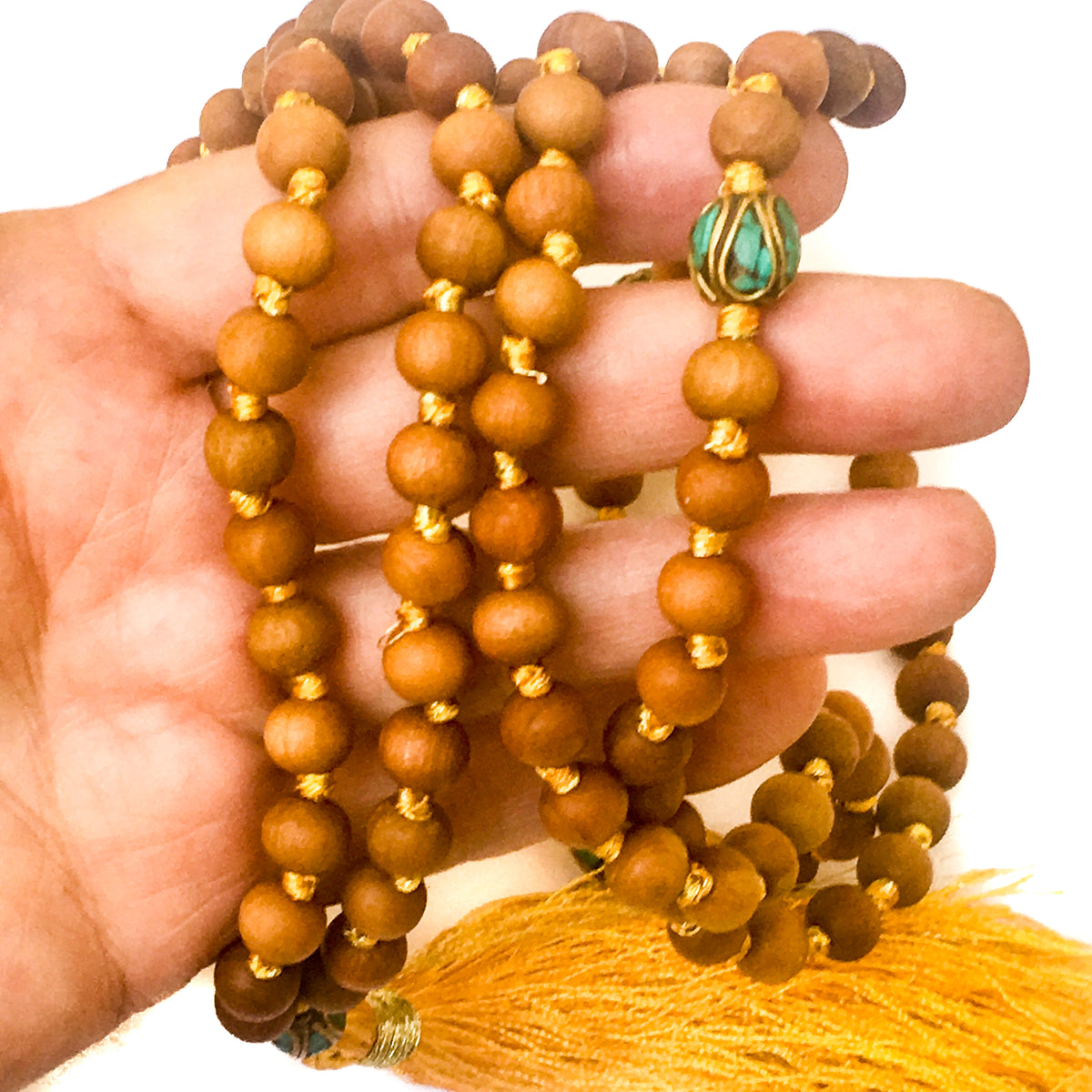 Hand-knotted with silk &amp; gold metal threads, 8mm Sandalwood beads