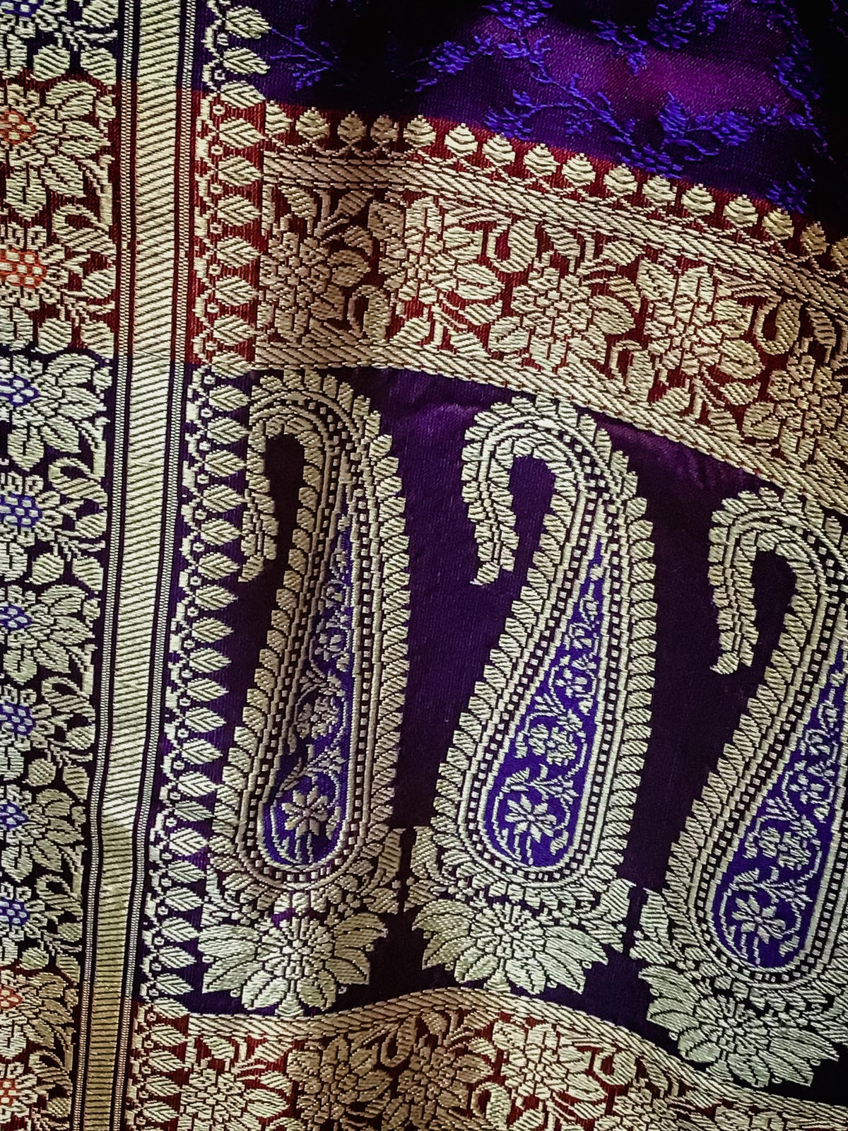 Banarasi Brocade Silk Shawl, Narrow - Deep Red &amp; Blue