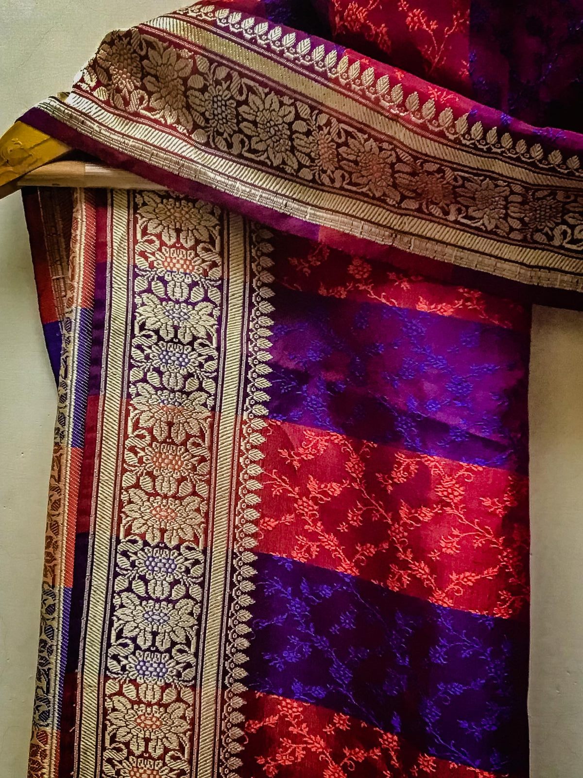 Banarasi Brocade Silk Shawl, Narrow - Deep Red &amp; Blue