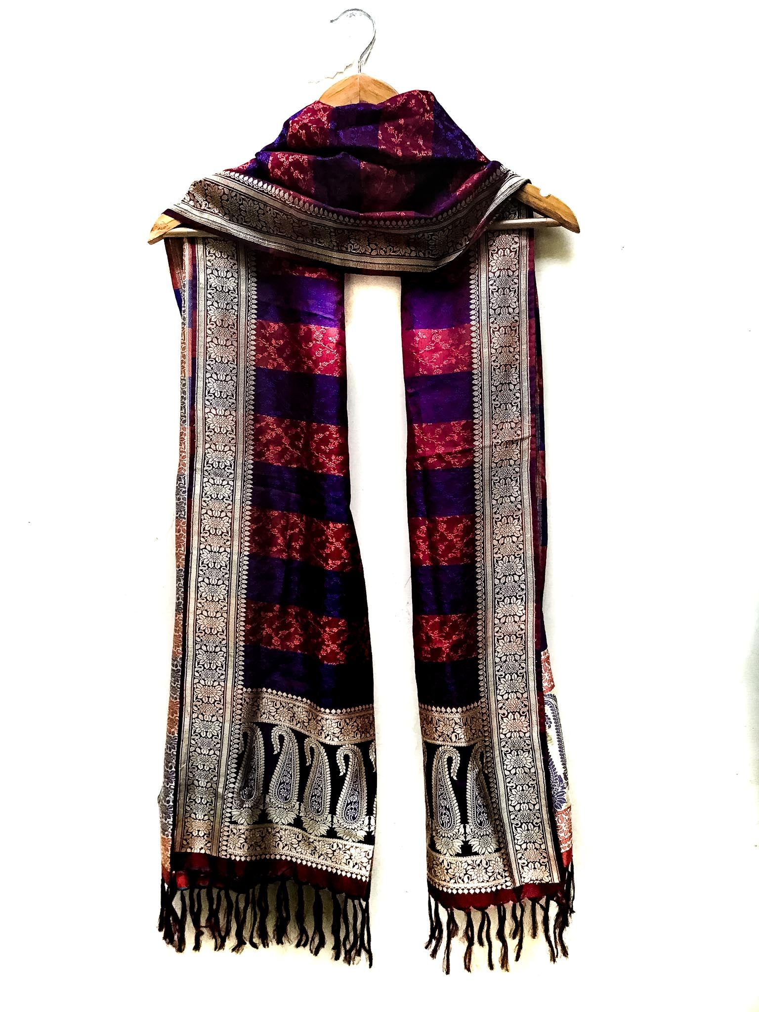 Banarasi Brocade Silk Shawl, Narrow - Deep Red & Blue