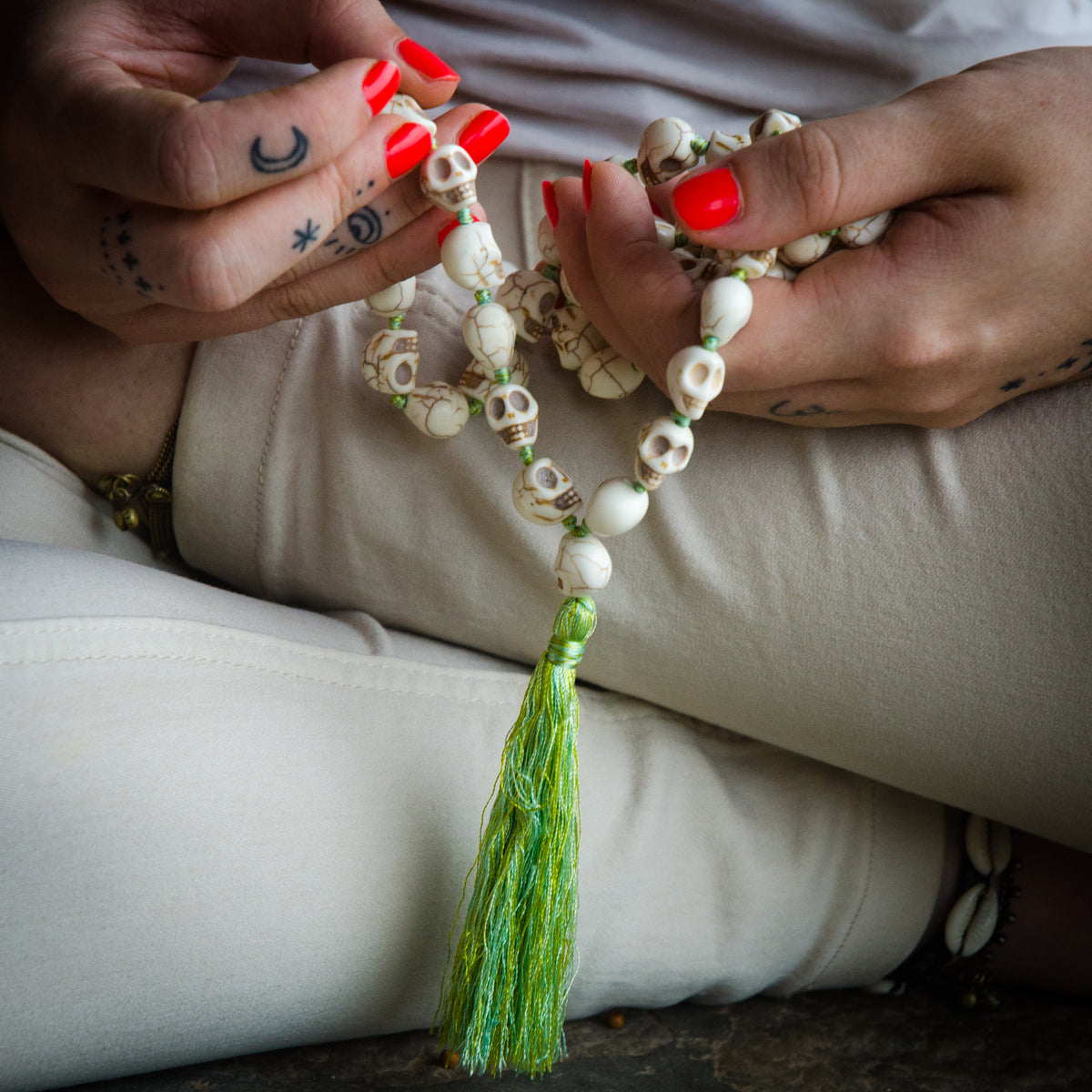 Skull Resin Bead Necklace Mala Hand-Knotted with Colored Silk by IndiOdyssey
