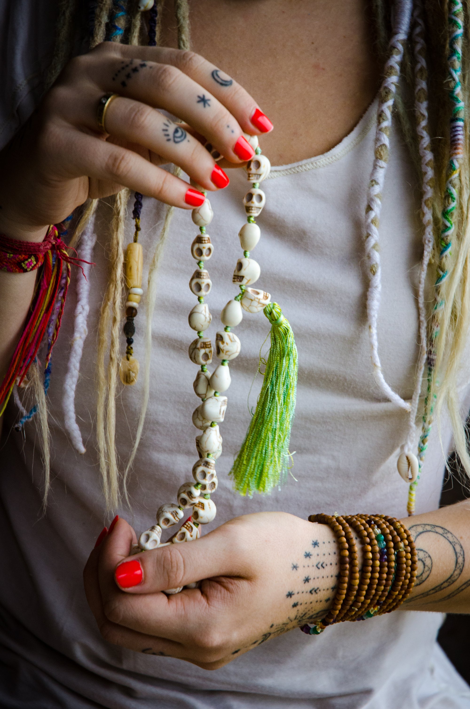 Skull Resin Bead Necklace Mala Hand-Knotted with Colored Silk by IndiOdyssey