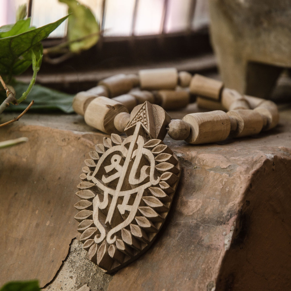 Carved Tulsi Sita Ram Sri Ram Pendant Necklace