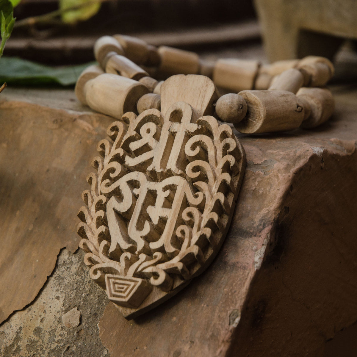 Carved Tulsi Sita Ram Sri Ram Pendant Necklace