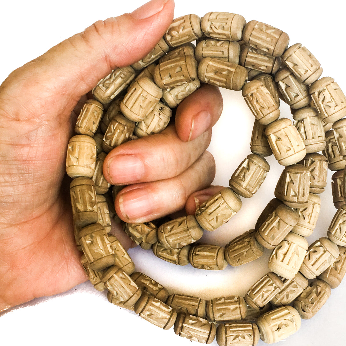 Radha Tulsi Tulasi Barrel Beads 100pcs Handcarved Vrindavan by IndiOdyssey