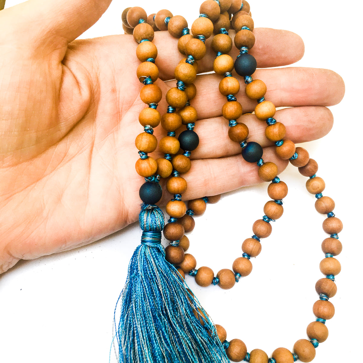Sandalwood and Druze Marker Beads 108 Mala 8mm Sandalwood beadsHand-knotted with silk threads